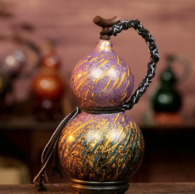 Green & Purple Museum-Quality Urushi Lacquer Art Gourd Water Flask